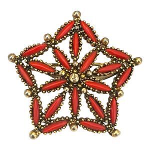 Vintage 1960s Star Brooch Carnelian Color Navette Rhinestone Gold Tone Pin - 5T